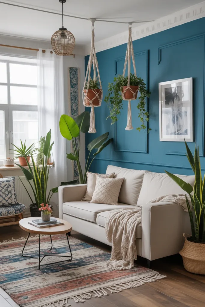 Blue Boho Living Room with Hanging Plants
