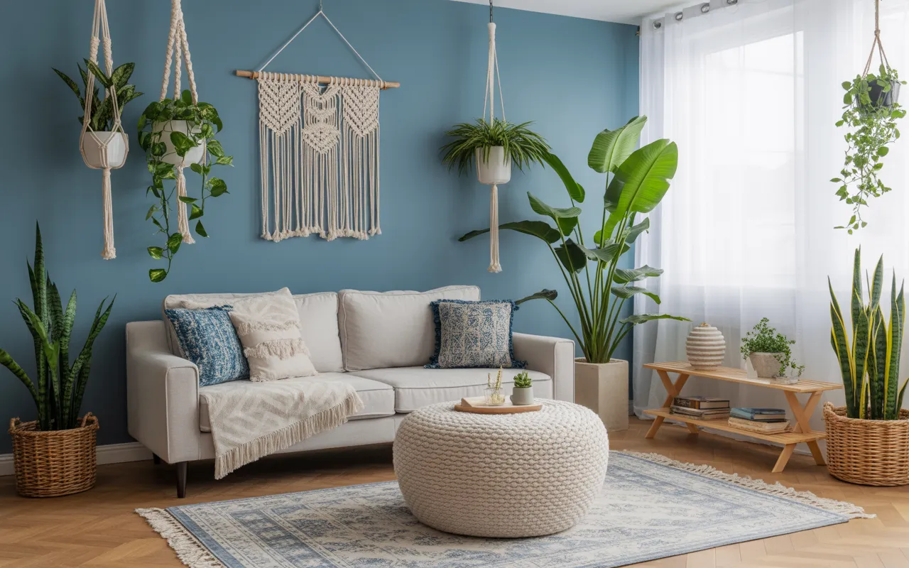 Blue Boho Living Room with Hanging Plants