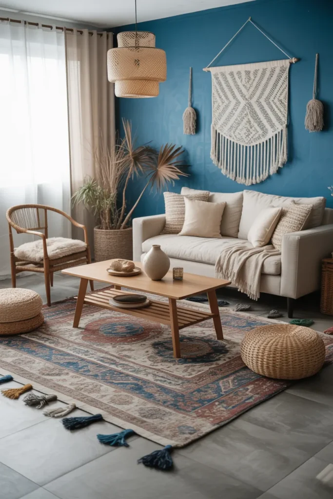 Blue Boho Living Room with Layered Rugs