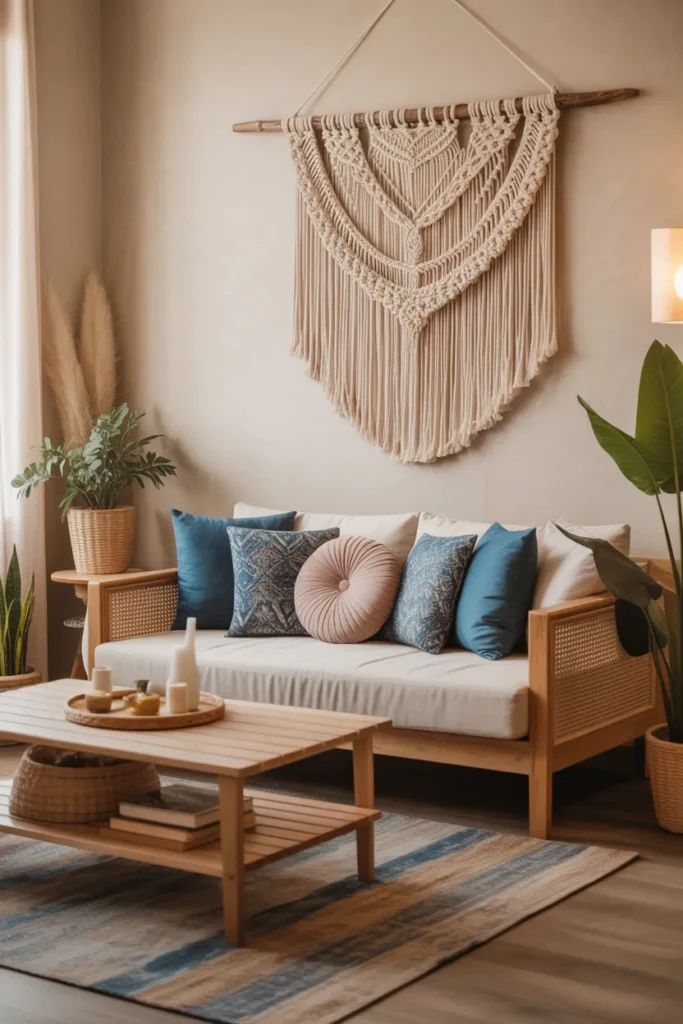 Blue Boho Living Room with Macrame Wall Decor