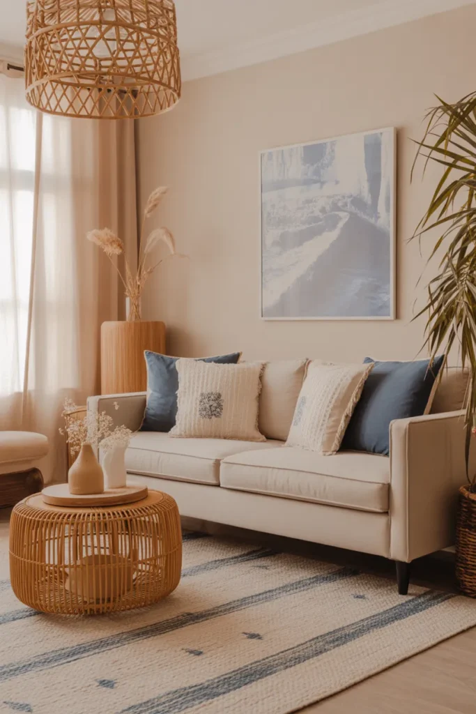 Blue and Beige Boho Living Room with Warm Tones