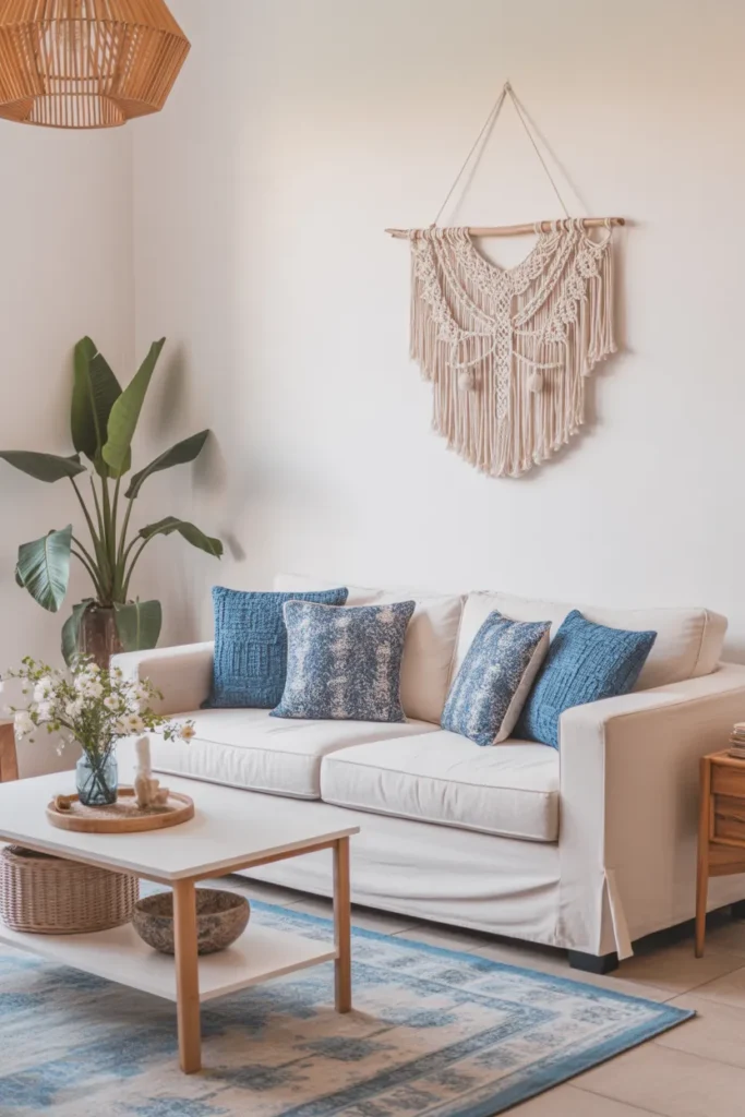 Blue and White Boho Living Room with Airy Vibes