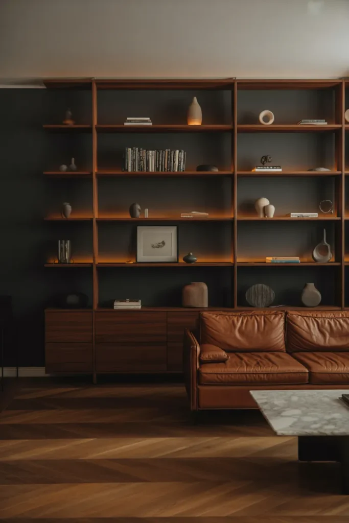 Dark Wood Shelving Wall