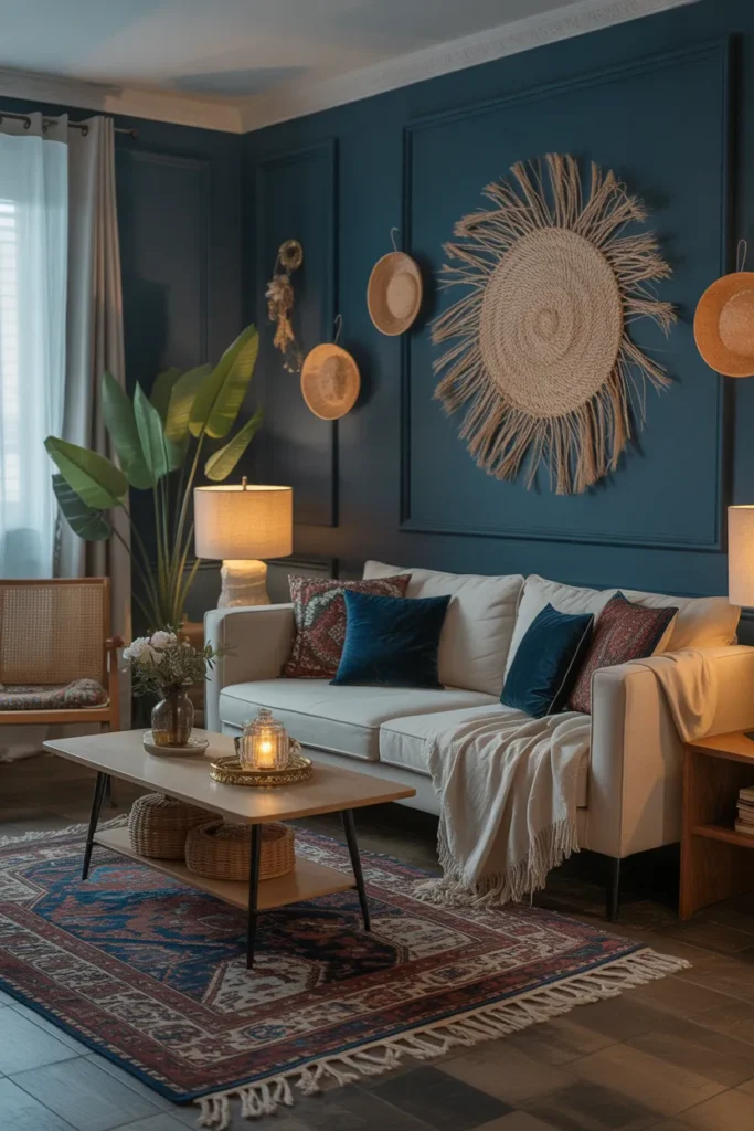 Deep Navy Blue Boho Living Room with Cozy Layers