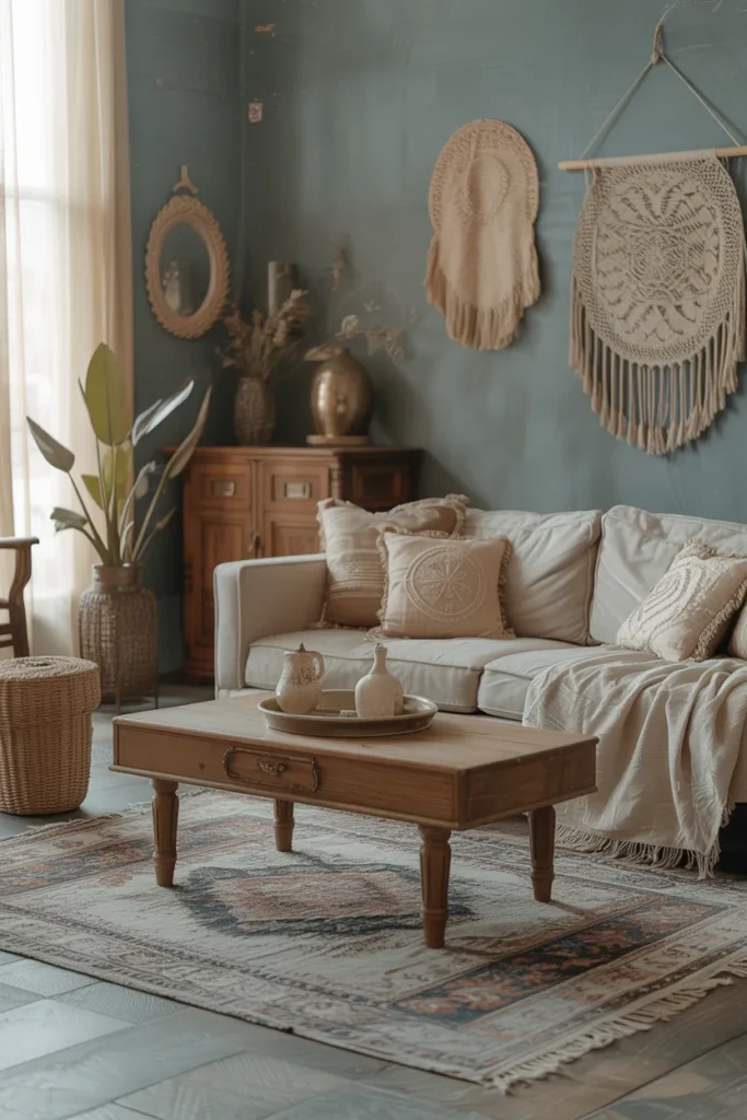 Dusty Blue Boho Living Room with Vintage Accents