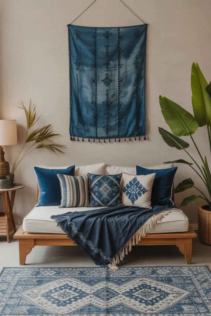 Indigo Boho Living Room with Patterned Textiles