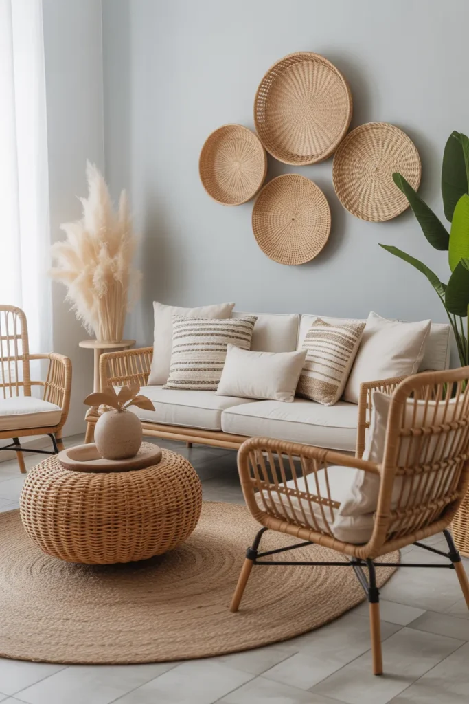 Light Blue Boho Living Room with Woven Decor