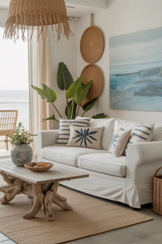 Ocean Blue Boho Living Room with Coastal Charm