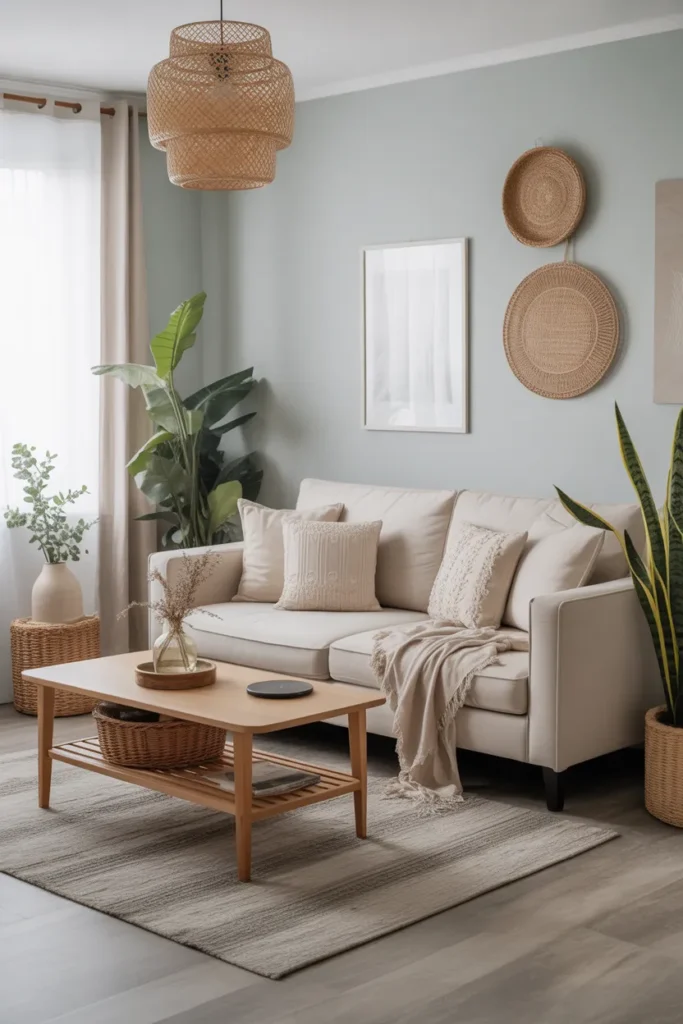 Pale Blue Boho Living Room with Neutral Furniture