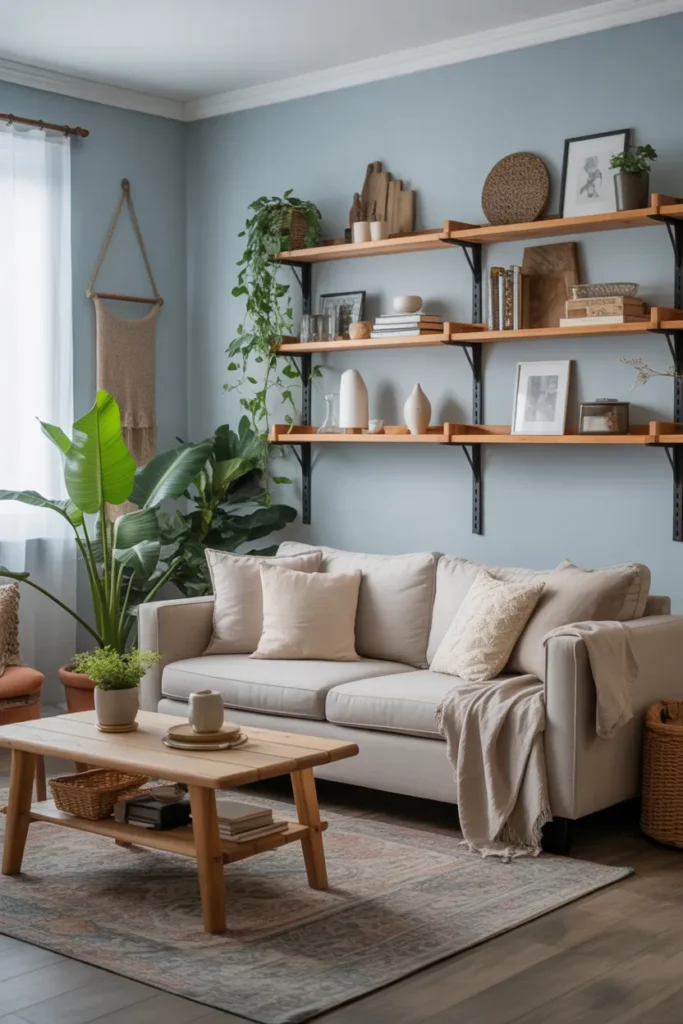 Soft Blue Boho Living Room with Wooden Elements