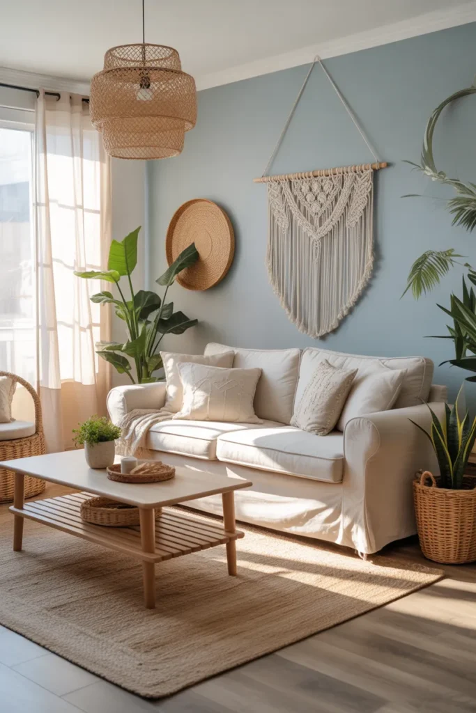 Soft Sky Blue Boho Living Room with Natural Textures