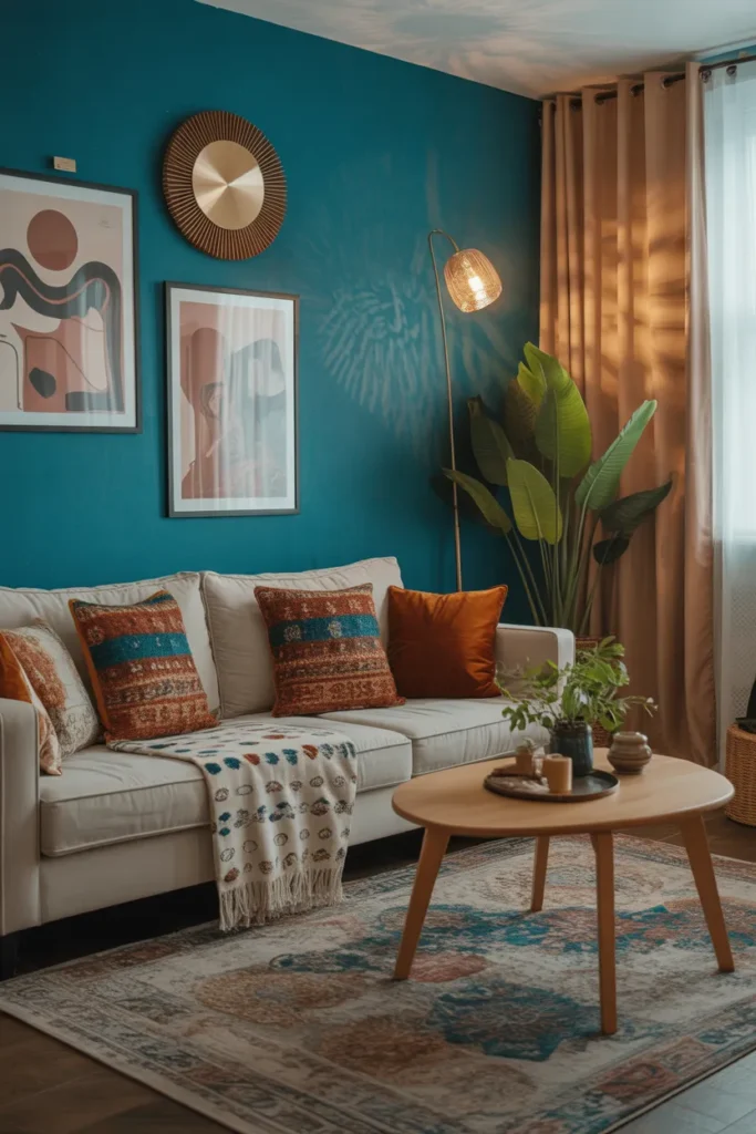 Teal Blue Boho Living Room with Artistic Touches